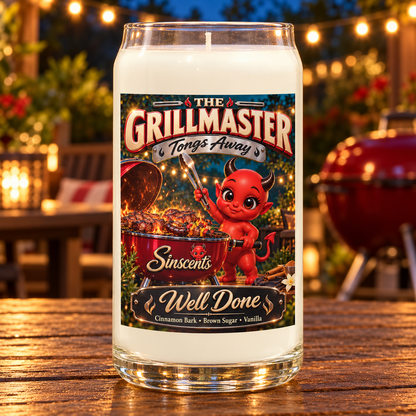The Grillmaster candle with Well Done label on an evening barbecue patio