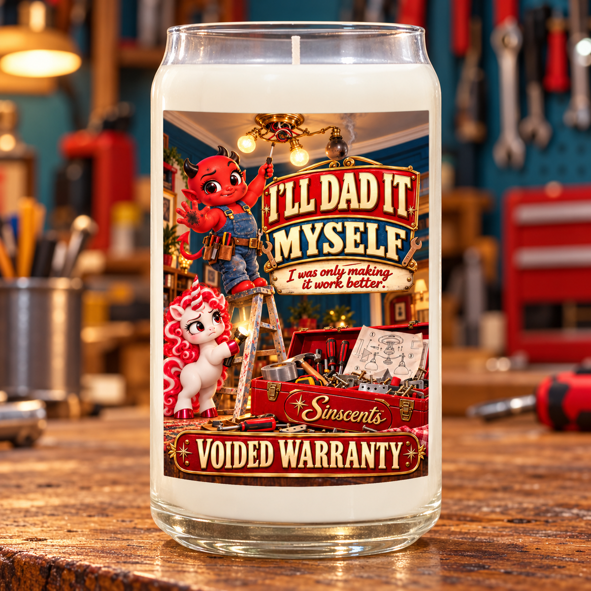 I’ll Dad It Myself candle by Sinscents with Jynx fixing a light fixture, Blanca holding a flashlight, and Voided Warranty label