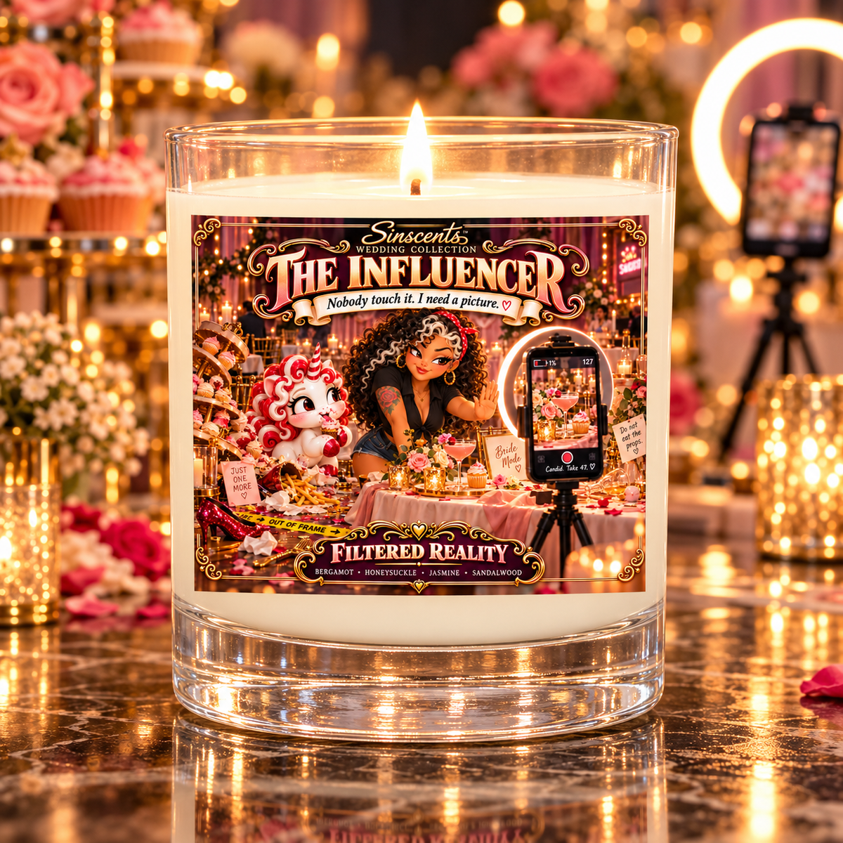Lit Sinscents The Influencer candle with Filtered Reality label beside a wedding photo setup