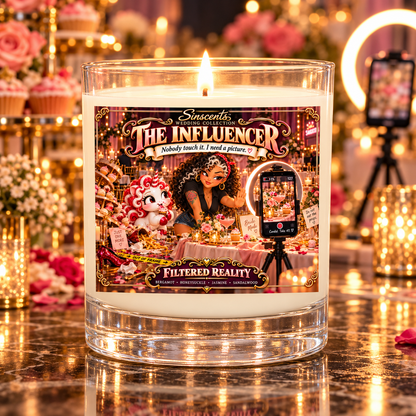 Lit Sinscents The Influencer candle with Filtered Reality label beside a wedding photo setup