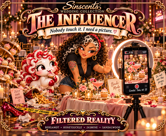 Sinscents The Influencer wedding candle label featuring Lily, Blanca and Filtered Reality scent