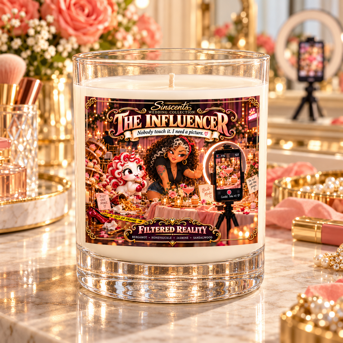 Sinscents The Influencer candle on a bridal vanity with roses and phone tripod