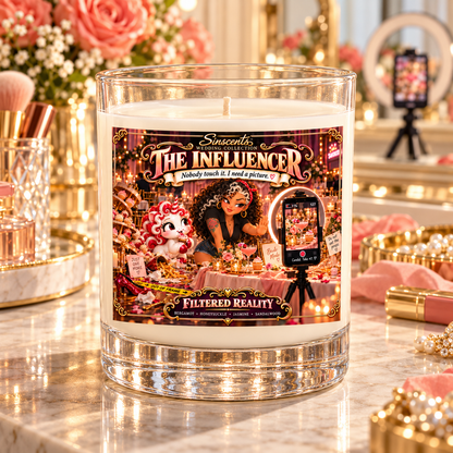 Sinscents The Influencer candle on a bridal vanity with roses and phone tripod