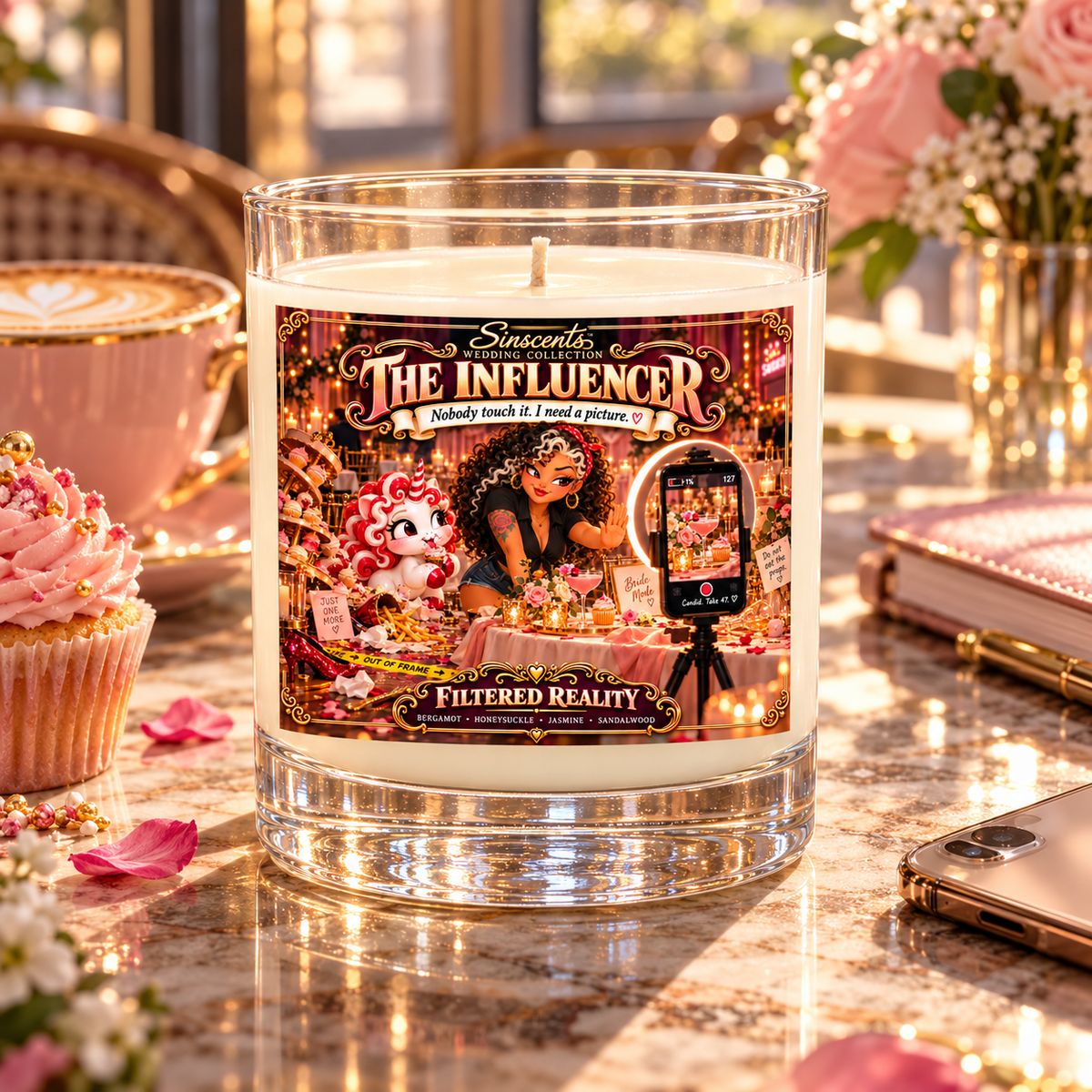 Sinscents The Influencer candle beside a pink cupcake and coffee at a cafe