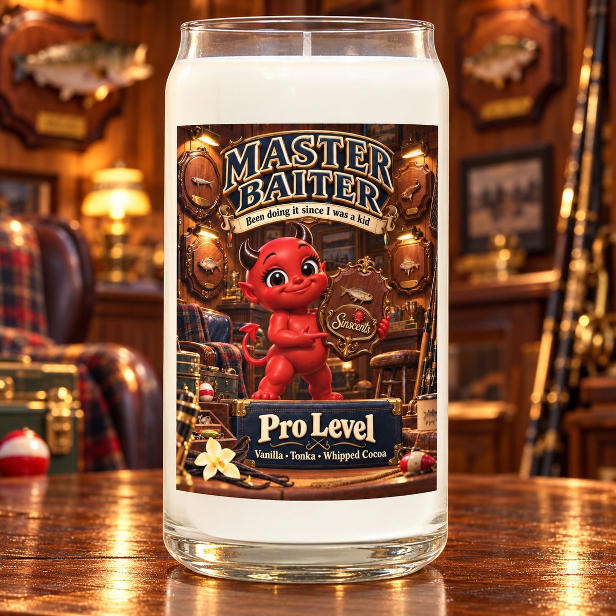 Master Baiter candle by Sinscents, showing its illustrated label in a matching setting