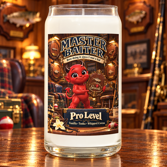 Master Baiter candle by Sinscents, showing its illustrated label in a matching setting