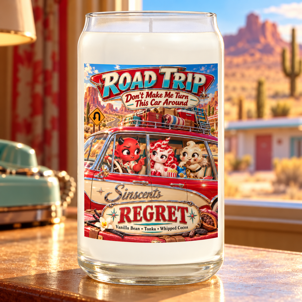 Road Trip candle by Sinscents, showing its illustrated label in a matching setting