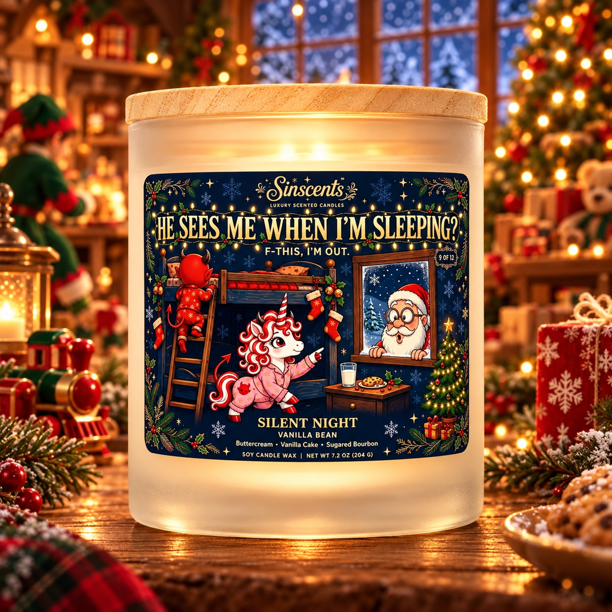 Sinscents Silent Night vanilla bean Christmas candle with readable label in a warm Christmas workshop scene