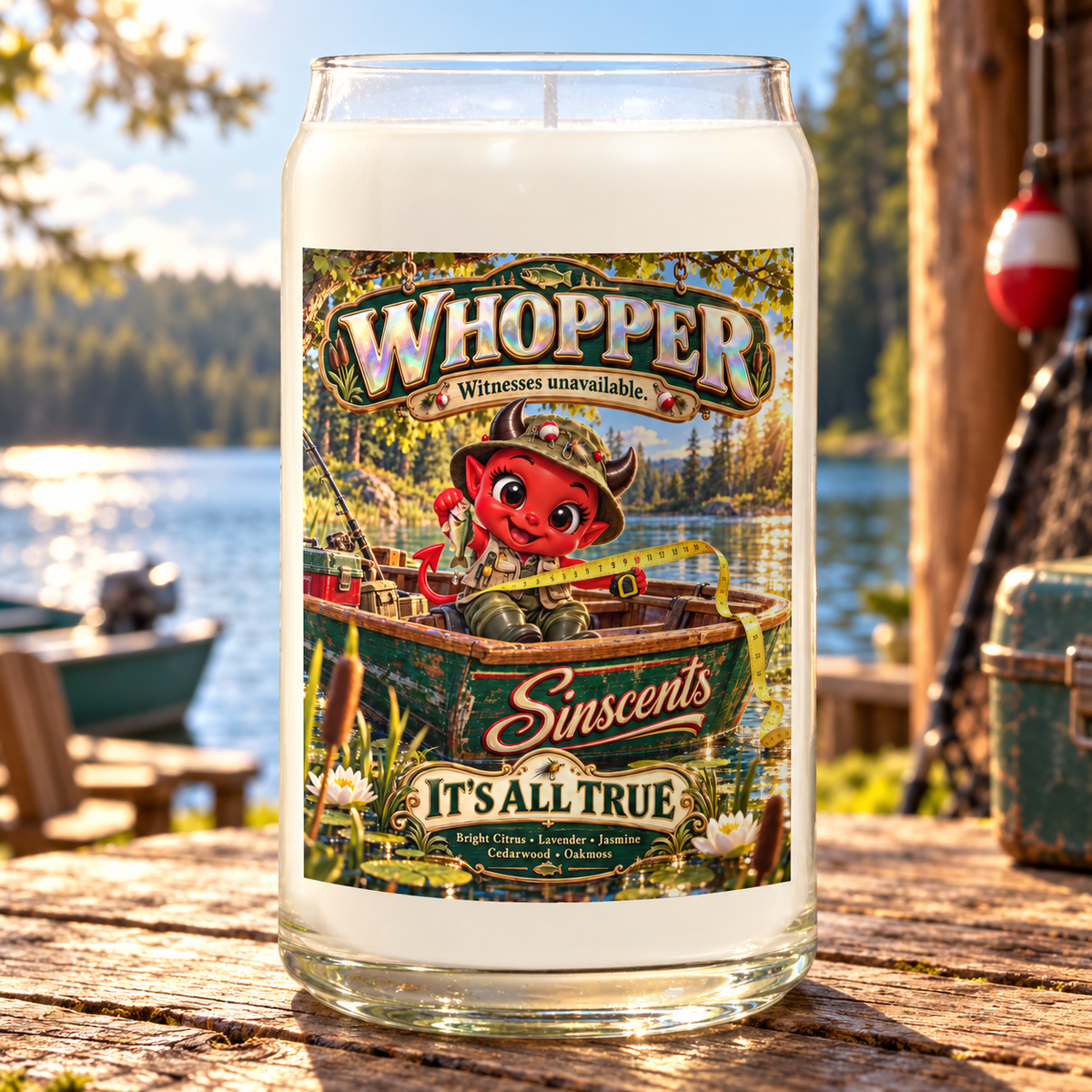 Whopper candle by Sinscents with original illustrated label in a matching setting