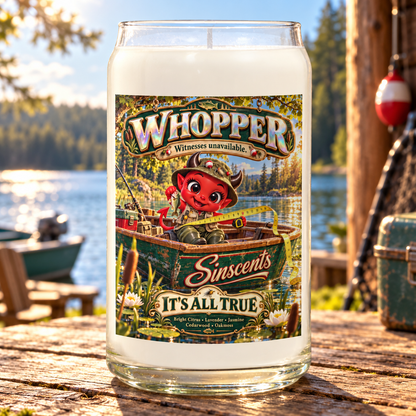 Whopper candle by Sinscents with original illustrated label in a matching setting