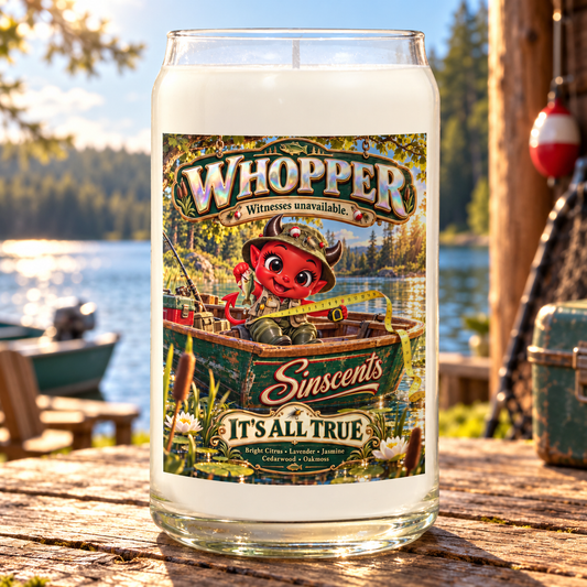Whopper candle by Sinscents with original illustrated label in a matching setting