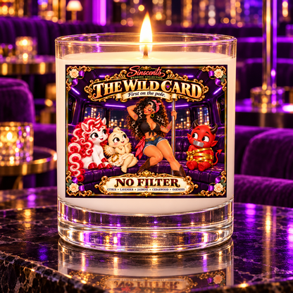 Lit Sinscents The Wild Card candle with No Filter label in a purple-lit party lounge