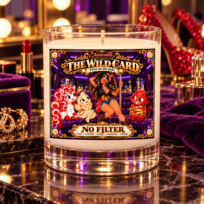 Sinscents The Wild Card candle on a glamorous bachelorette dressing-room vanity