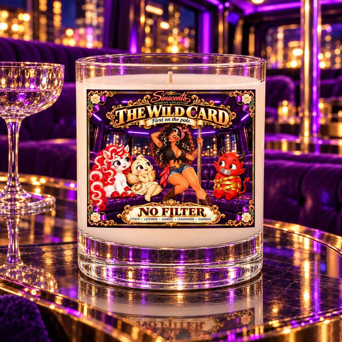 Unlit Sinscents The Wild Card candle in a purple party-bus setting