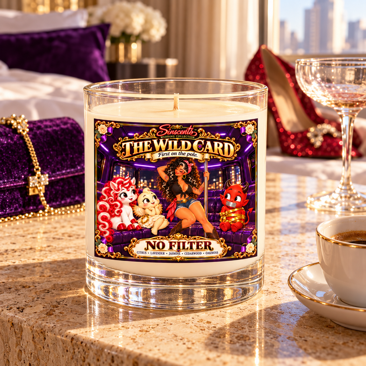 Sinscents The Wild Card candle in a sunlit hotel suite after a bachelorette party