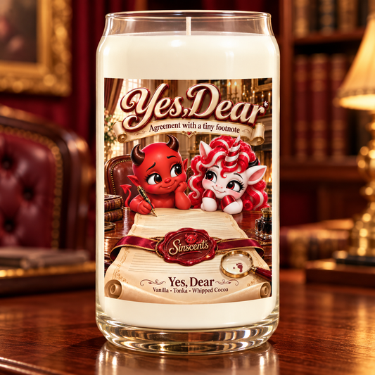 Yes, Dear candle by Sinscents, showing its illustrated label in a matching setting