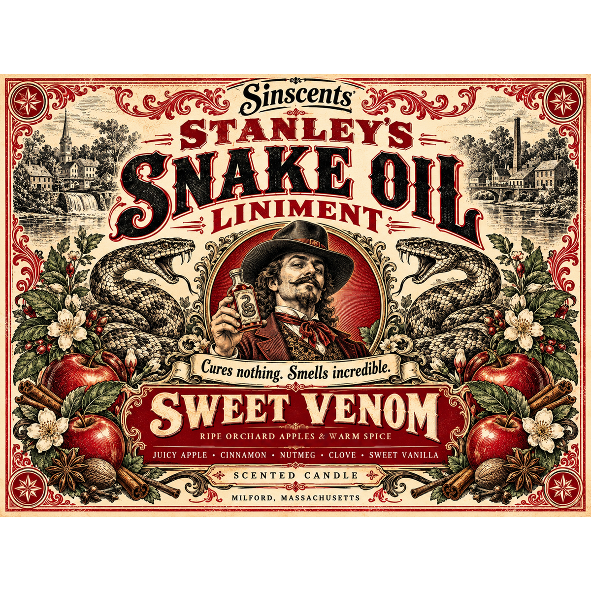 Sweet Venom label artwork for Clark Stanley snake oil candle Version 3 by Sinscents