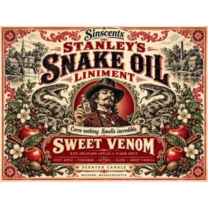 Sweet Venom label artwork for Clark Stanley snake oil candle Version 3 by Sinscents