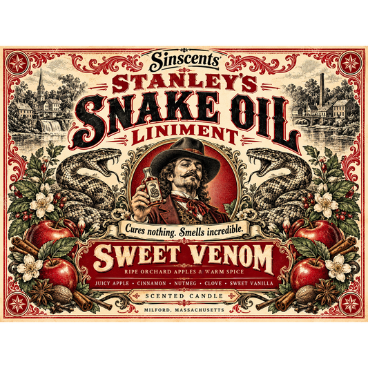 Sweet Venom label artwork for Clark Stanley snake oil candle Version 3 by Sinscents