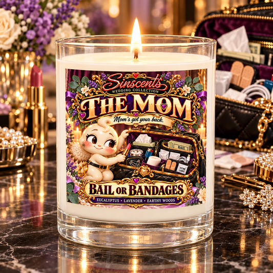The Mom Bail or Bandages lit candle with wedding-day emergency purse and lavender background