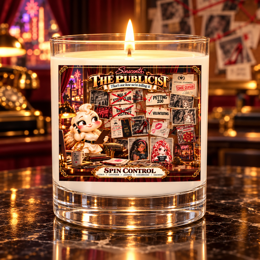 The Publicist Spin Control lit candle with an elaborate wedding cover-story evidence board background