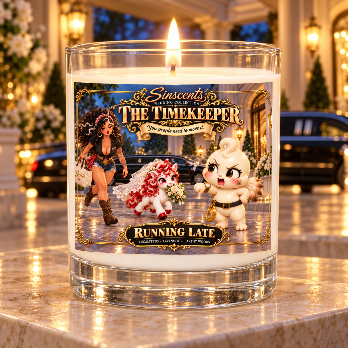 The Timekeeper Running Late lit 11oz clear glass candle in a scene extending its wedding-party joke