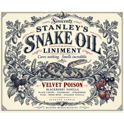 Velvet Poison label artwork for Clark Stanley snake oil candle Version 2 by Sinscents
