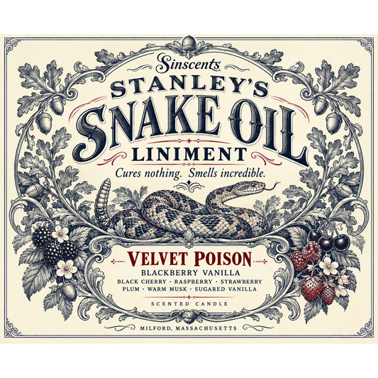 Velvet Poison label artwork for Clark Stanley snake oil candle Version 2 by Sinscents